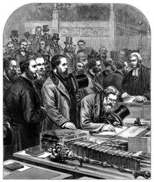 The new House of Commons: members signing the Roll of Parliament, 1880. Creator: Unknown