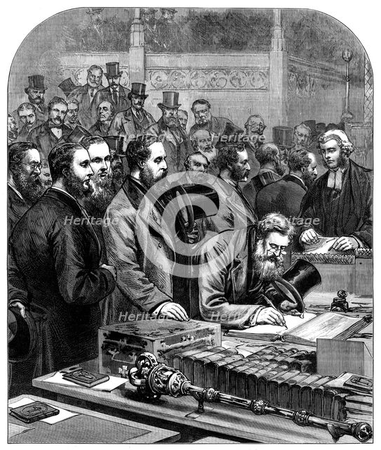 The new House of Commons: members signing the Roll of Parliament, 1880. Creator: Unknown.