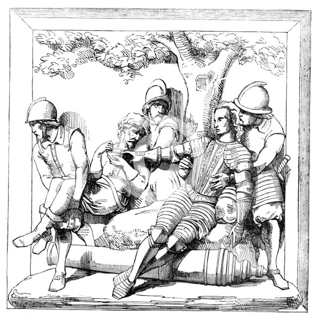 The New Houses of Parliament - Bas-reliefs in the Prince's Chamber - the Death of Sir..., 1857. Creator: Unknown.