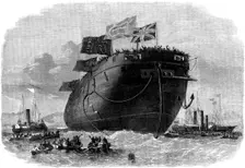 The new iron-clad fleet: launch at Chatham Dockyard of H.M.S. frigate Royal Oak, 50 guns, 1862. Creator: Unknown