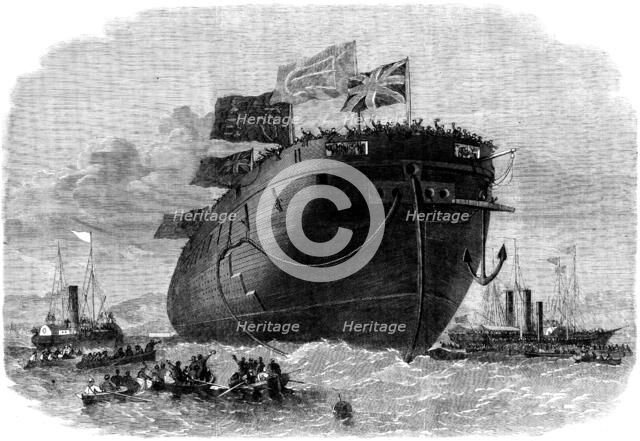 The new iron-clad fleet: launch at Chatham Dockyard of H.M.S. frigate Royal Oak, 50 guns, 1862. Creator: Unknown.