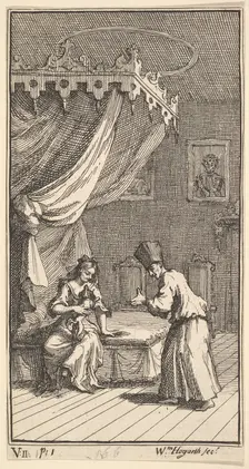 The New Metamorphosis, Plate 5: Fantasio, Transformed into a Lapdog, in the with Donna The..., 1724. Creator: William Hogarth