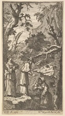 The New Metamorphosis, Plate 7: The Cardinal, a Hermit and Donna Angela Holding Fantasio, 1724. Creator: William Hogarth
