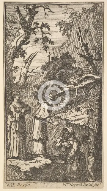 The New Metamorphosis, Plate 7: The Cardinal, a Hermit and Donna Angela Holding Fantasio, 1724. Creator: William Hogarth.