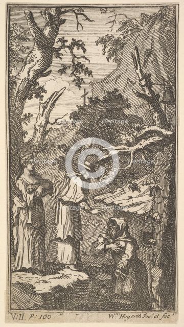 The New Metamorphosis, Plate 7: The Cardinal, a Hermit and Donna Angela Holding Fantasio, 1724. Creator: William Hogarth.
