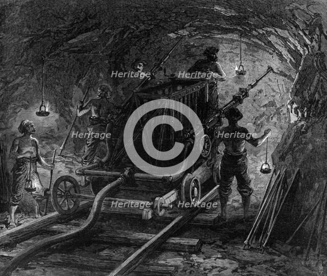 The new overland route to India and the railway tunnel of the Alps: boring-machine..., 1869. Creator: Unknown.