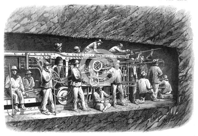 The new overland route to India and the railway tunnel of the Alps: boring-machine..., 1869. Creator: Unknown.