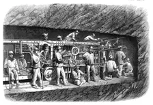 The new overland route to India and the railway tunnel of the Alps: boring-machine..., 1869. Creator: Unknown