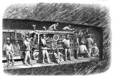 The new overland route to India and the railway tunnel of the Alps: boring-machine..., 1869. Creator: Unknown