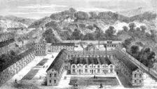 The new Sèvres porcelain manufactory in the park of St. Cloud: bird's eye view of...workshops, 1864. Creator: Unknown