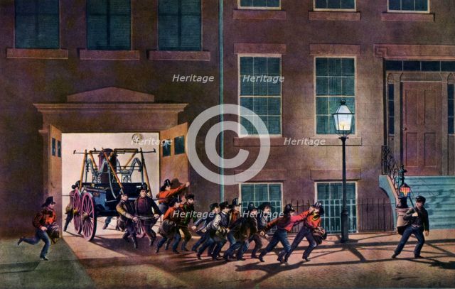 'The Night Alarm, The Life of a Fireman', 1854.Artist: Nathaniel Currier