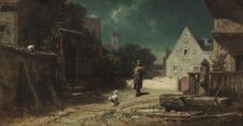 The night watchman (Night watchman by moonlight, or Dog and cat), c. 1870. Creator: Spitzweg, Carl (1808-1885)
