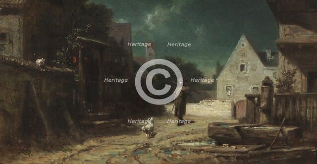 The night watchman (Night watchman by moonlight, or Dog and cat), c. 1870. Creator: Spitzweg, Carl (1808-1885).