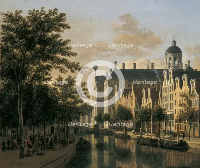 The Nieuwezijds Voorburgwal with the Flower Market, Amsterdam. Artist: Berckheyde, Gerrit Adriaensz (1638-1698)