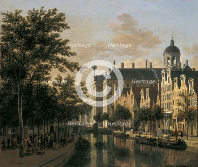 The Nieuwezijds Voorburgwal with the Flower Market, Amsterdam. Artist: Berckheyde, Gerrit Adriaensz (1638-1698)