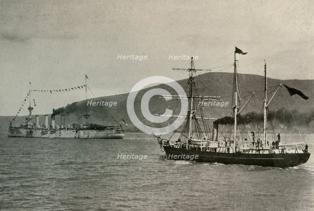 'The Nimrod Passing H.M.S. Powerful,...in Lyttelton Harbour', 1 January 1908, (1909).  Artist: Unknown.