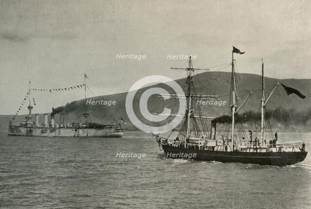 'The Nimrod Passing H.M.S. Powerful,...in Lyttelton Harbour', 1 January 1908, (1909).  Artist: Unknown.