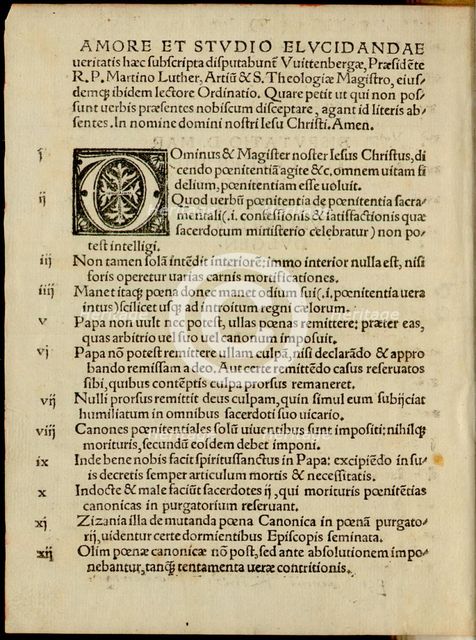 The Ninety-five Theses or Disputation on the Power of Indulgences by Martin Luther, 1517. Creator: Historic Object.