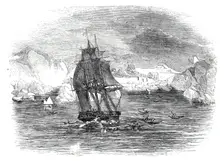 The North Atlantic Telegraph - The Expedition arriving at Kaksimiut, Greenland, 1860. Creator: Unknown