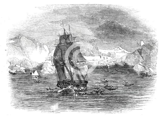 The North Atlantic Telegraph - The Expedition arriving at Kaksimiut, Greenland, 1860. Creator: Unknown.