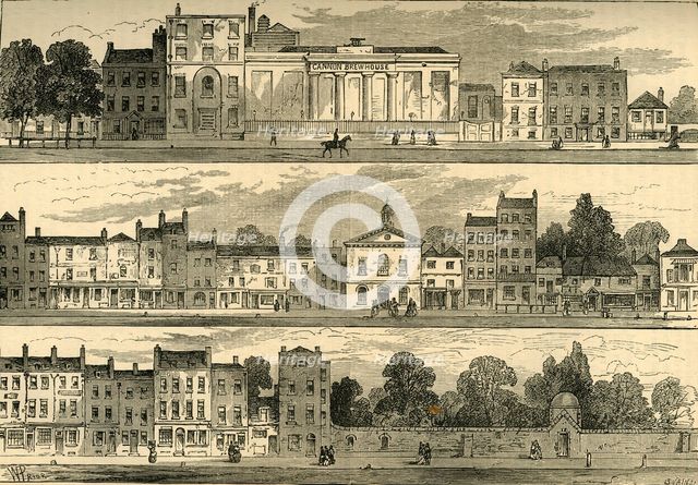 'The North Side of Knightsbridge in 1820, from the Cannon Brewery to Hyde Park Corner', (c1876.). Creator: Unknown.