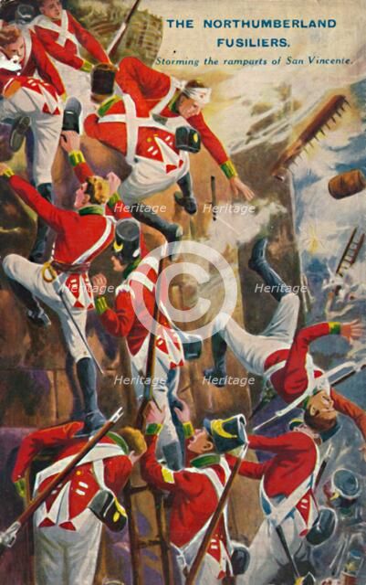 'The Northumberland Fusiliers. Storming the ramparts of San Vincente', 1812, (1939).  Artist: Unknown.