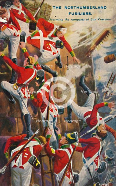 'The Northumberland Fusiliers. Storming the ramparts of San Vincente', 1812, (1939).  Artist: Unknown.
