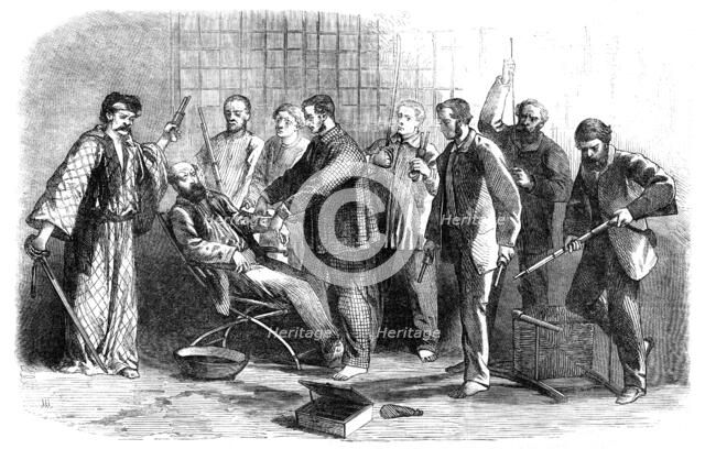 The Outrage at the British Embassy at Japan: midnight scene in Mr. Alcock's room at To-Sen..., 1861. Creator: Unknown.