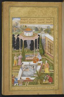 The owner of the garden discovering maidens bathing in the pool..., 1595. Creator: Sanwlah