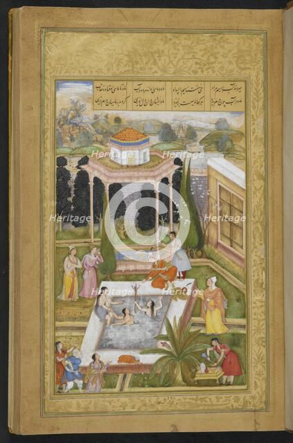 The owner of the garden discovering maidens bathing in the pool..., 1595. Creator: Sanwlah.
