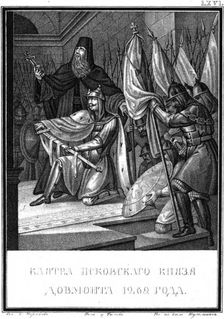 The Oath of Dovmont. 1269 (From Illustrated Karamzin), 1836. Artist: Chorikov, Boris Artemyevich (1802-1866)