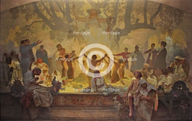 The Oath of Omladina Under the Slavic Linden Tree (The cycle The Slav Epic). Artist: Mucha, Alfons Marie (1860-1939)