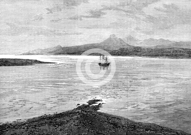 The Ocean Depth Exploring Voyage: H.M.S. Challenger at anchor in Royal Sound, Kerguelen Land, 1874. Creator: Unknown.