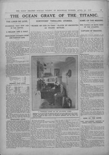 The Ocean Grave of the Titanic and photograph of a wireless operator, 20 April, 1912. Creator: Unknown