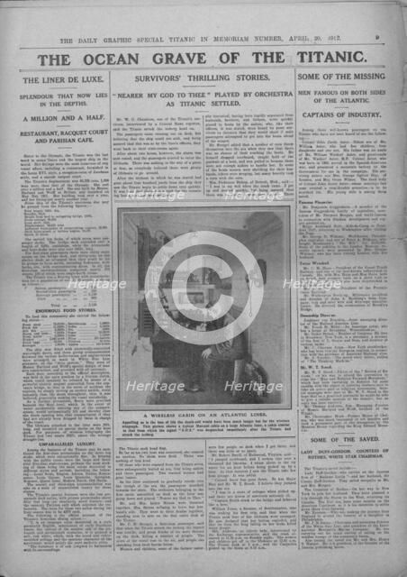 'The Ocean Grave of the Titanic', and photograph of a wireless operator, 20 April, 1912. Creator: Unknown.