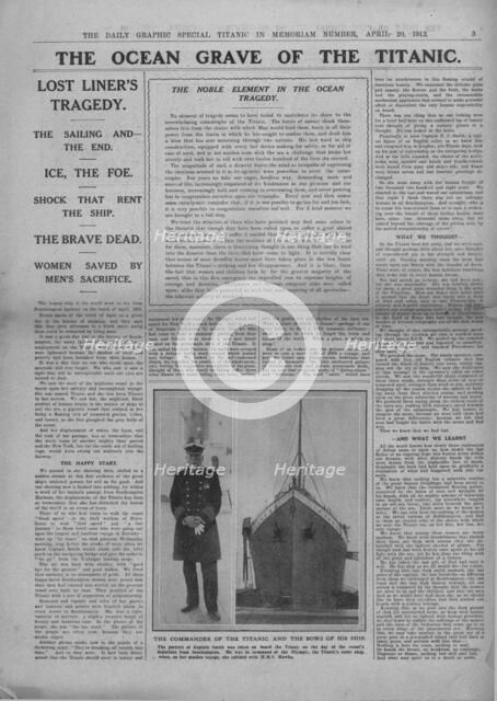 'The Ocean Grave of the Titanic', and photograph of Captain Edward Smith, April 20, 1912. Creator: Unknown.