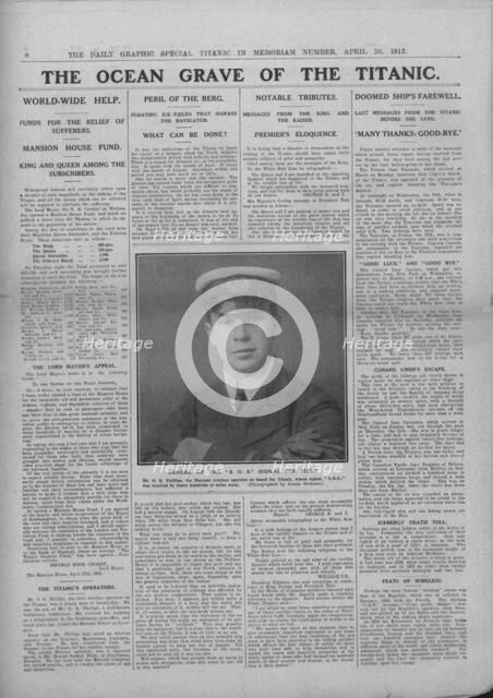 'The Ocean Grave of the Titanic', and photograph of Jack Phillips, April 20, 1912. Creator: Unknown.