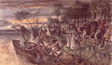 The offering of an Iron Age shield to the river. Creator: Unknown