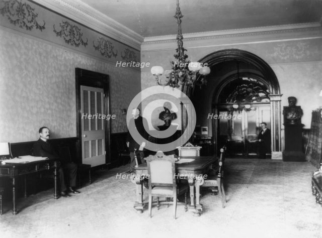 The office lobby in the White House, between 1889 and 1906. Creator: Frances Benjamin Johnston.