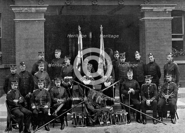 The officers and colours of the 1st Battalion, Royal Scots Fusiliers, 1896. Artist: Wyrall & Son