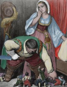 The ogre and Hop-o'-My-Thumb - "Tom Thumb", 1862. Creator: Gustave Doré