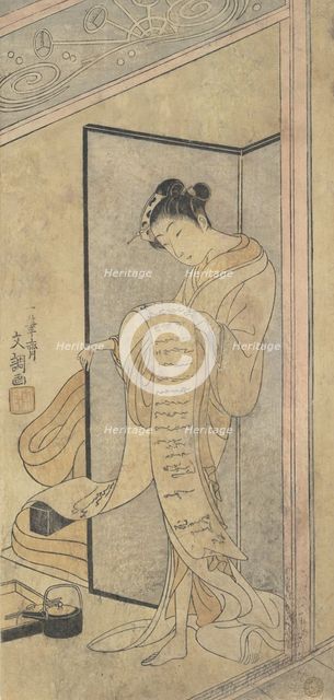The Oiran Hanagiku Reading a Love Letter While Standing, ca. 1769. Creator: Ippitsusai Buncho.