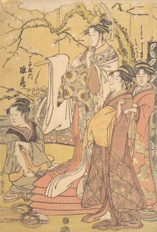 The Oiran Hinazuru of Chojiya Standing upon a Pile of Futon, ca. 1794. Creator: Kitagawa Utamaro