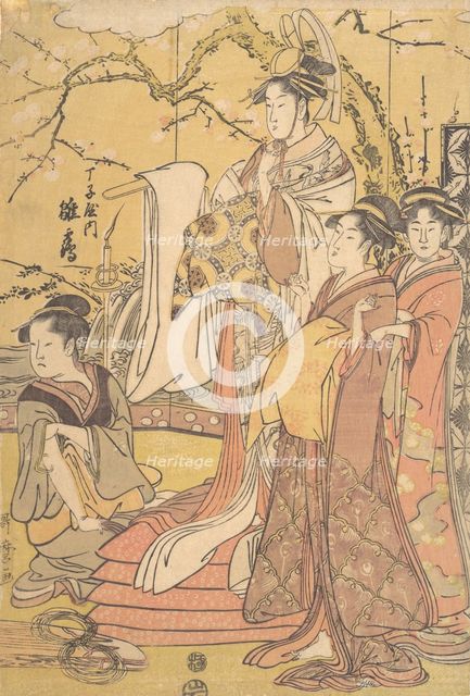 The Oiran Hinazuru of Chojiya Standing upon a Pile of Futon, ca. 1794. Creator: Kitagawa Utamaro.