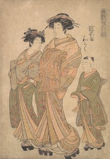 The Oiran Wakoku of Echizen-ya attended by a Shinzo and a Kamuro, ca. 1778. Creator: Katsukawa Shuncho