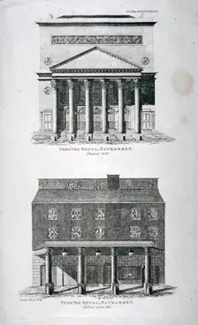 The old and new Haymarket Theatres, Westminster, London, 1822. Artist: Hixon
