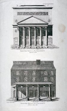 The old and new Haymarket Theatres, Westminster, London, 1822. Artist: Hixon