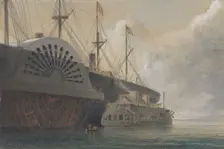 The Old Frigate Iris with Her Freight of Cable Alongside the Great Eastern at Sheerness.., 1865. Creator: Robert Charles Dudley