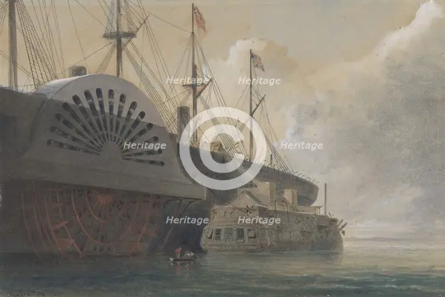 The Old Frigate Iris with Her Freight of Cable Alongside the Great Eastern at Sheerness.., 1865. Creator: Robert Charles Dudley.