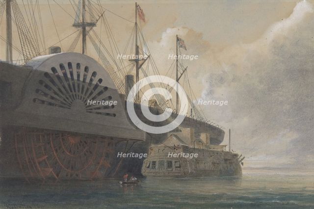The Old Frigate Iris with Her Freight of Cable Alongside the Great Eastern at Sheerness.., 1865. Creator: Robert Charles Dudley.